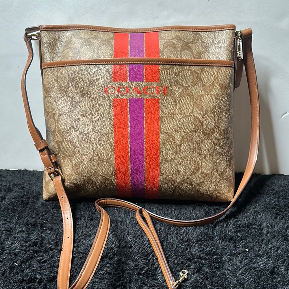 Coach Brown and Red Crossbody Bag with Monogram Design